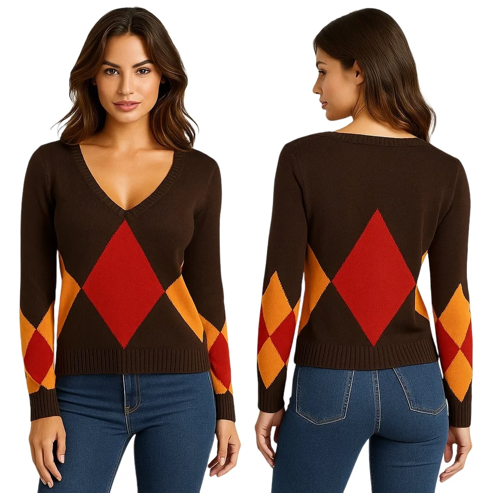 OLD NAVY Sweater Womens Large Brown Argyle Diamond Knit V Neck Y2K Preppy Retro - Picture 1 of 9